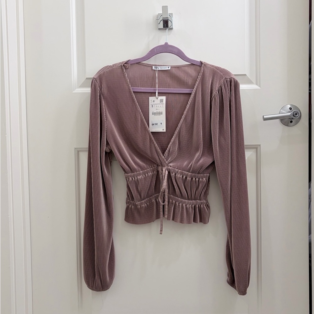 Zara Taupe V-Neck Blouse